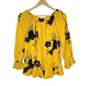 Liv Los Angeles Yellow Floral Embroidered Peplum Blouse Small SB500
